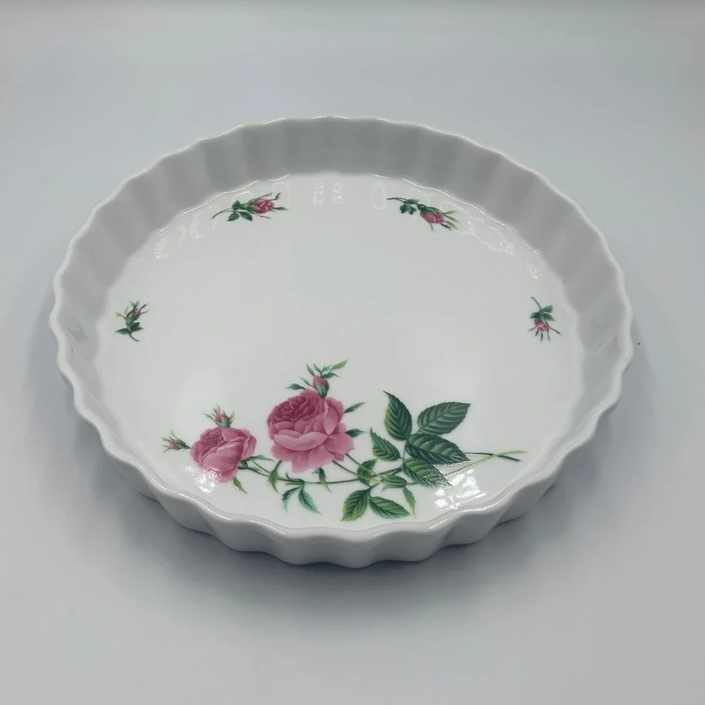 Christineholm Quiche Tart Pan Pink Rose Floral White Porcelain Fluted 9.5 Inch